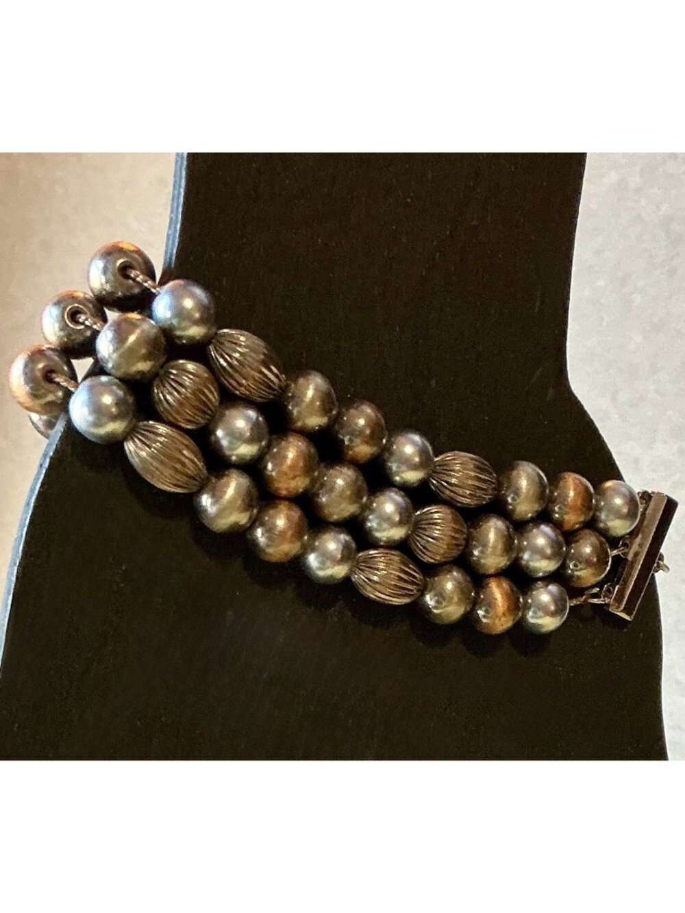 Vintage Triple Strand Metal Bead Bracelet Silver Copper Gold Tones Textured